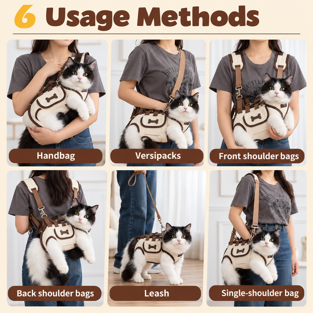 Six ways to use the Sophur cat carrier, including handheld carrying and optional strap positions.