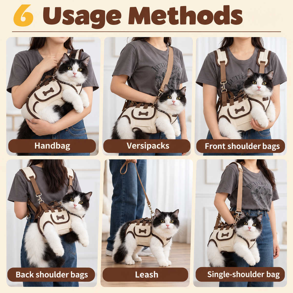 Six ways to use the Sophur cat carrier, including handheld carrying and optional strap positions.