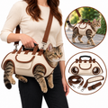 A woman carries the Sophur cat carrier by its handles, with all four paws extending through the four base openings.